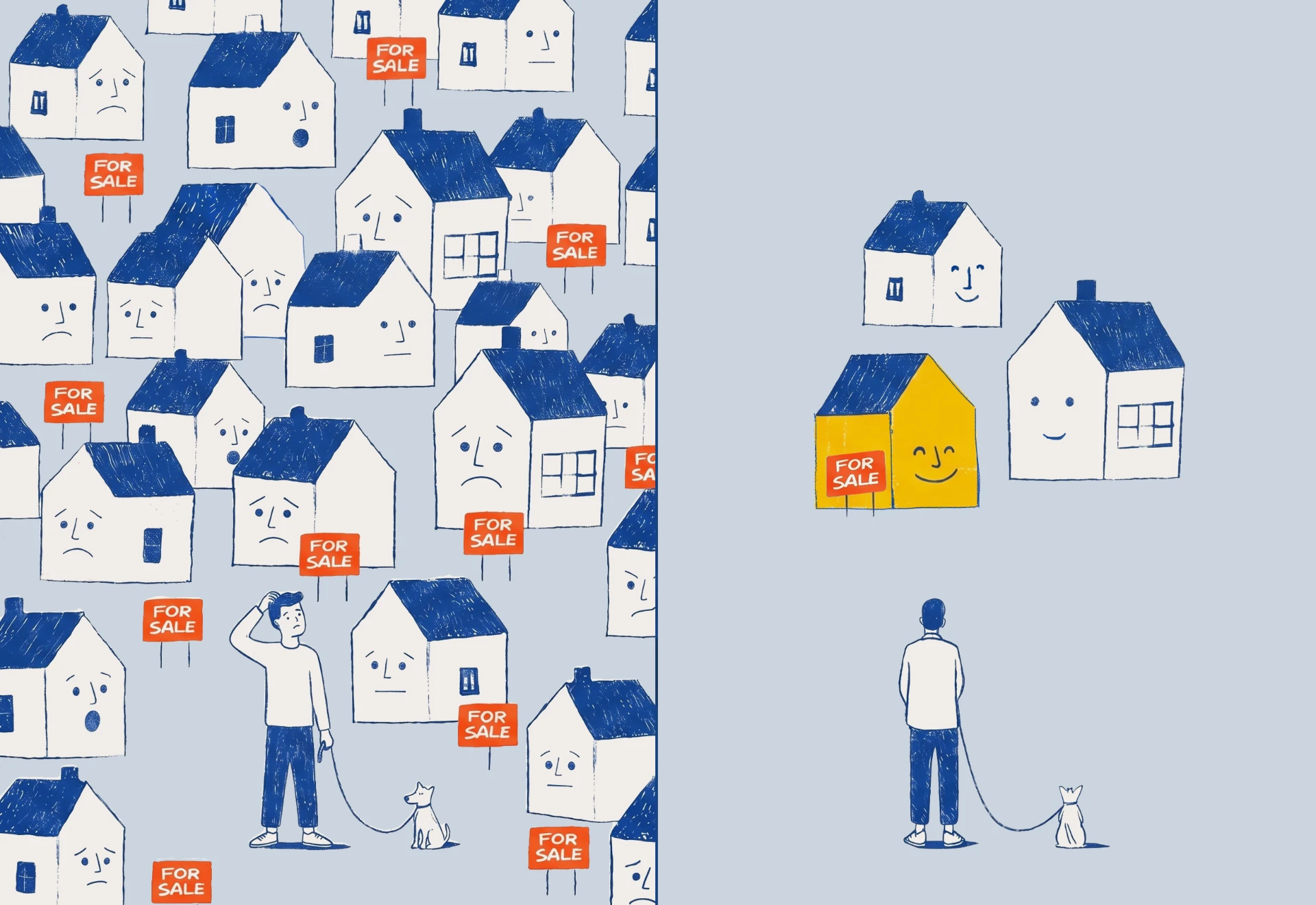 Split illustration: a crowded street of worried homes with For Sale signs on the left, and a single happy yellow home standing alone on the right